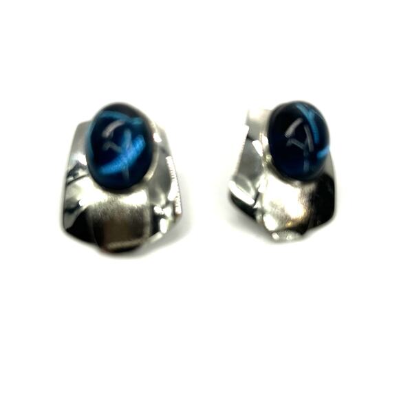 pair of sterling silver earrings oval blue cabochon gemstones Stud Post Pierced - Picture 3 of 7